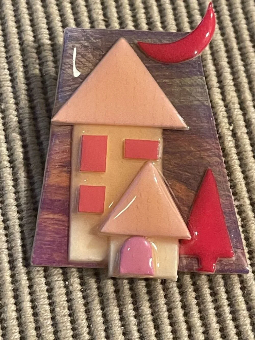 Vtg Lucinda House Brooch Pin With Red Moon Tree & Whimsical Home Design - Unique